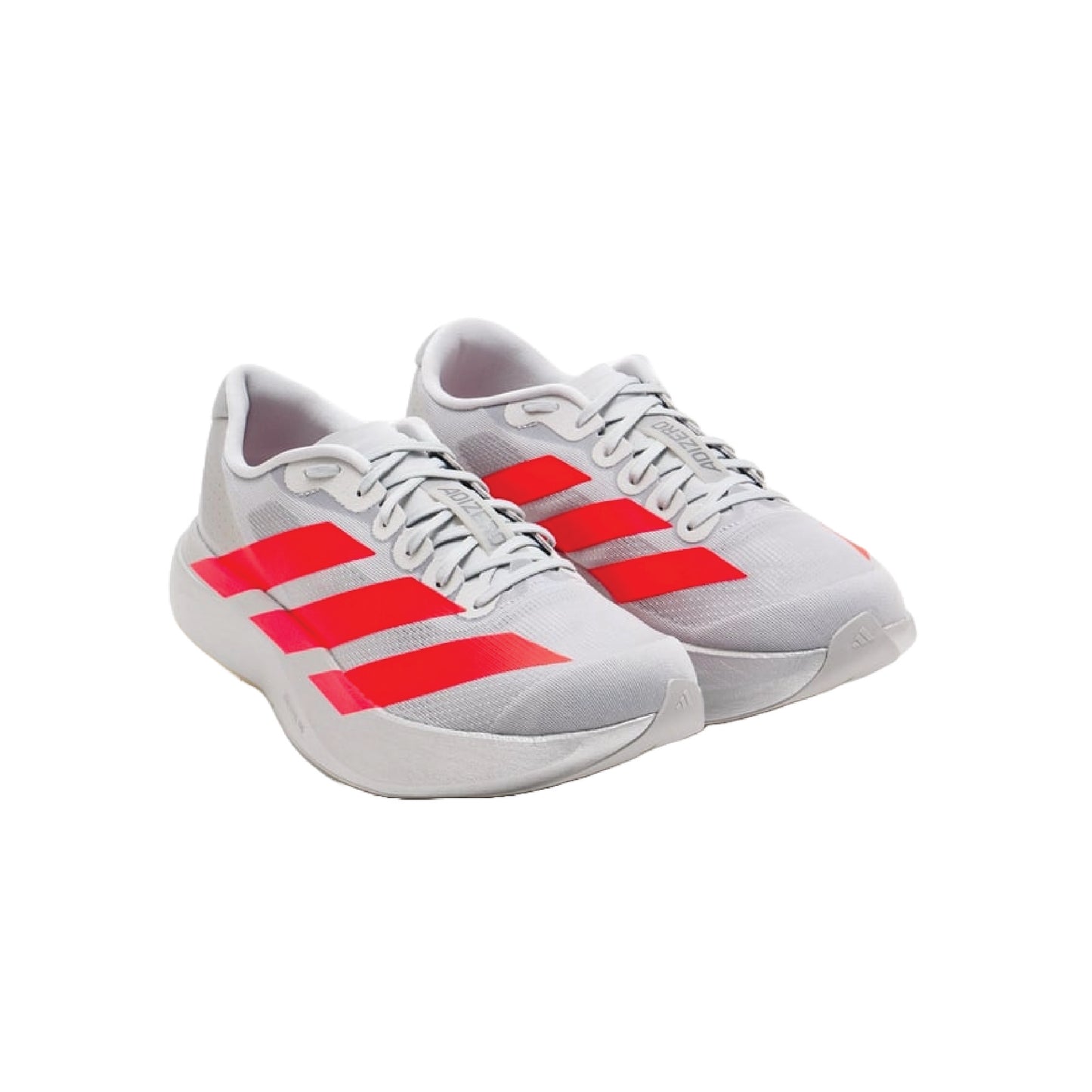 Adidas Adizero EVO SL running shoe in a silver and red colorway.