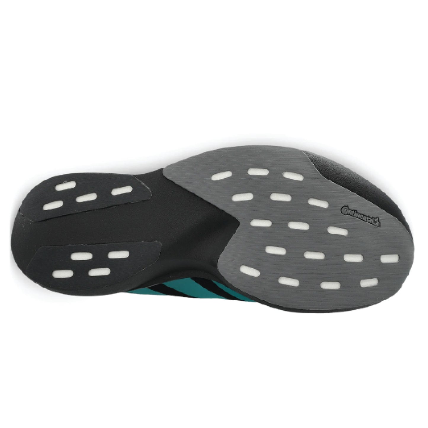 Adidas Adizero EVO SL running shoe in a black colorway with teal stripes.