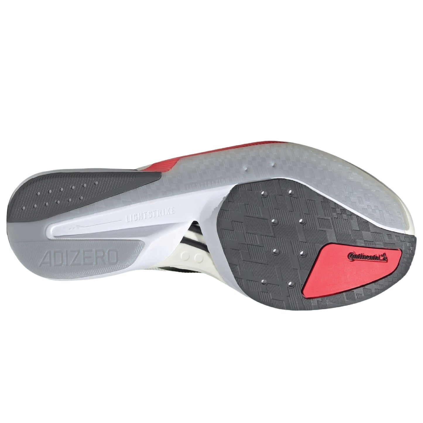 Adidas Adizero Boston 13 running shoes in a white, black, and lucid red colorway.