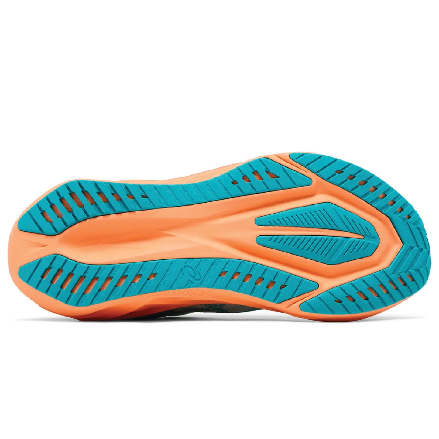 Asics Novablast 5 running shoe in the Soothing Sea/Wave Teal and orange colorway.