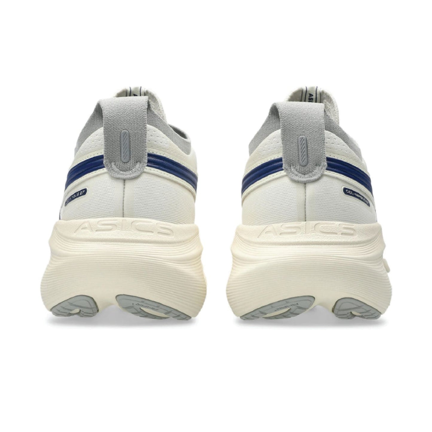 Asics Gel-Nimbus 27 running shoe in the Birch/Indigo Blue colorway.