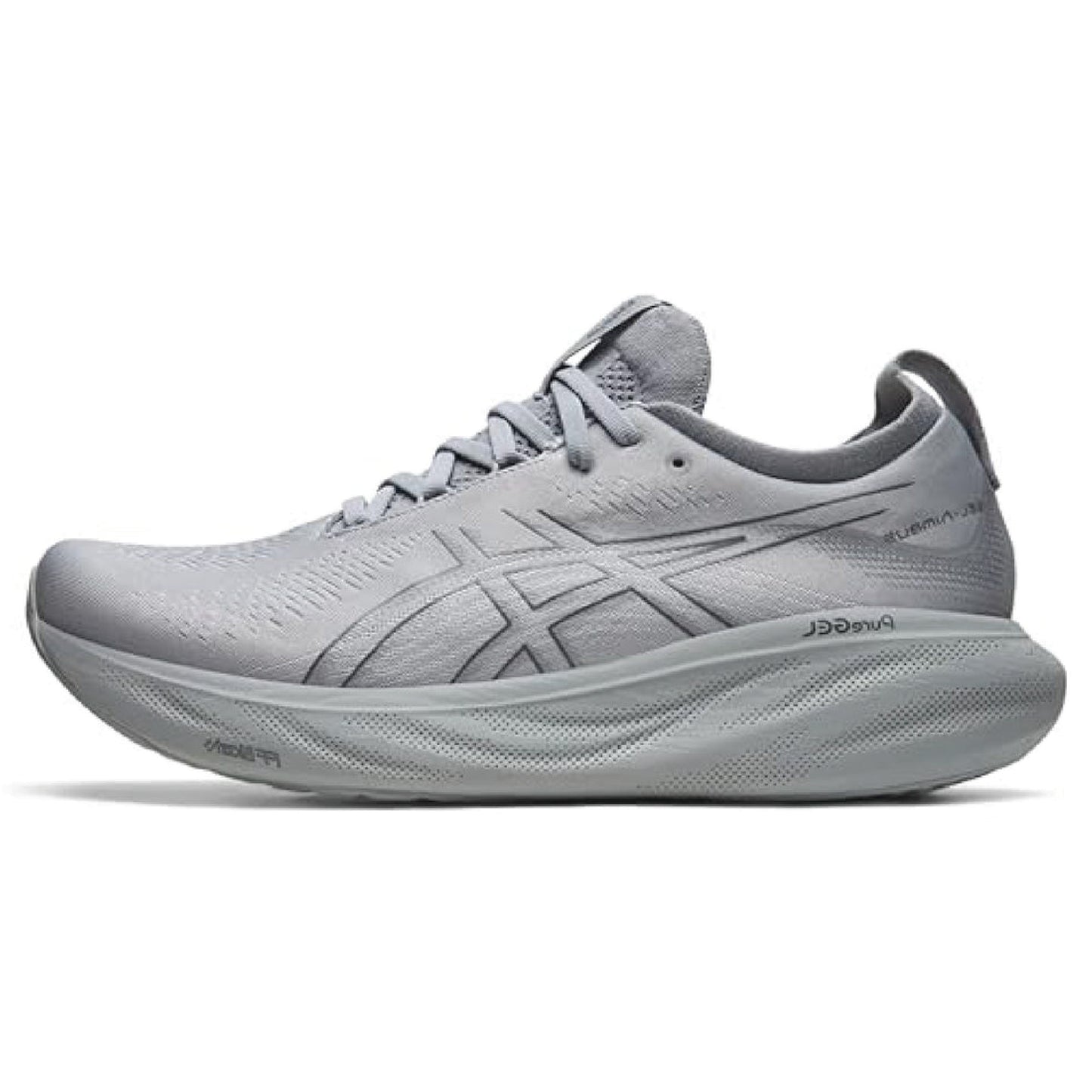 Asics Gel-Nimbus 25 running shoe in a light grey color.