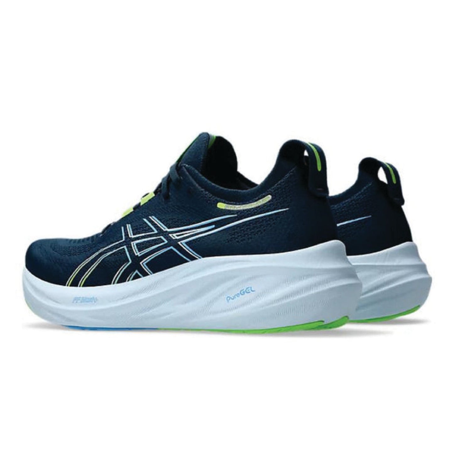 Asics Men's Gel-Nimbus 26 running shoe in the French Blue/Electric Lime colorway.