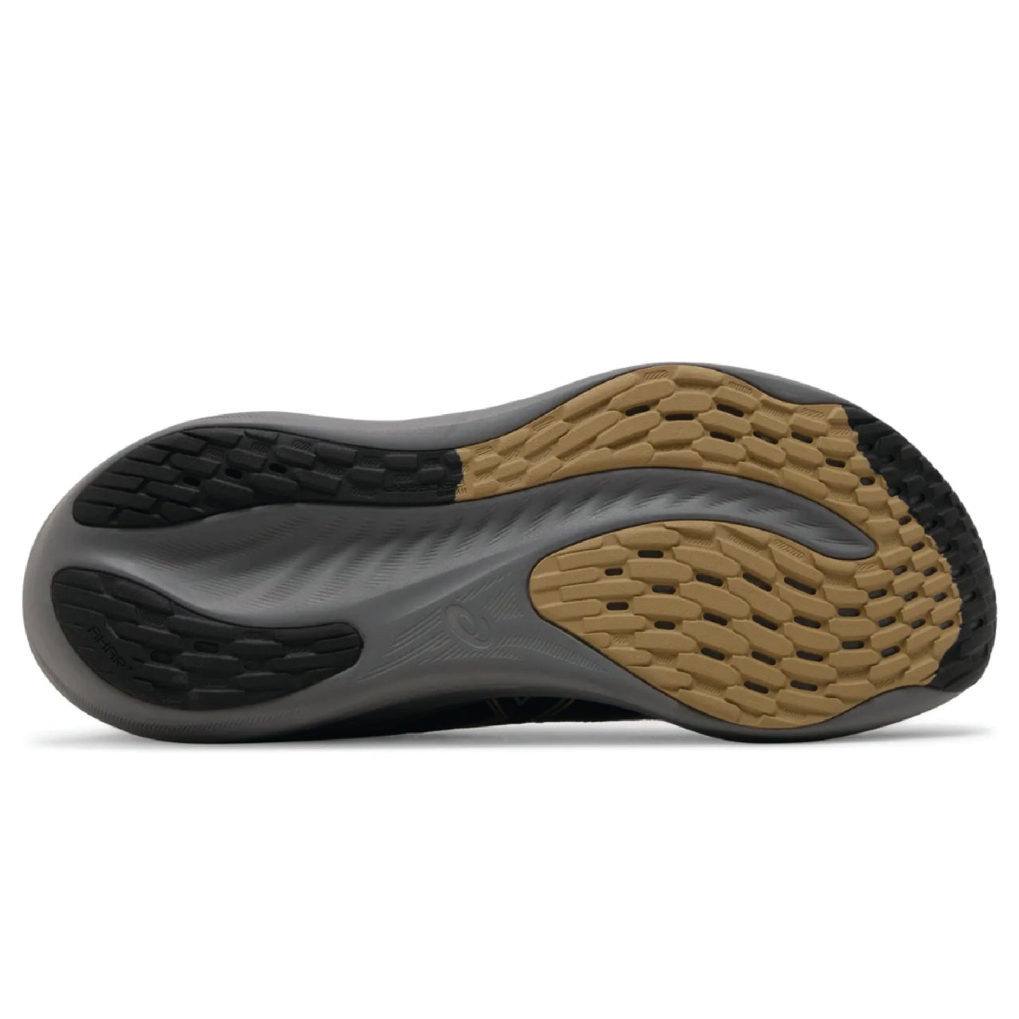 Asics Gel-Nimbus 26 Platinum running shoe in the Black/Champagne colorway.