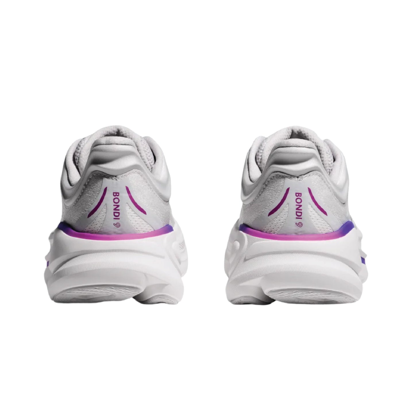 Hoka Bondi 9 running shoe in a white colorway with a purple and blue gradient midsole accent.