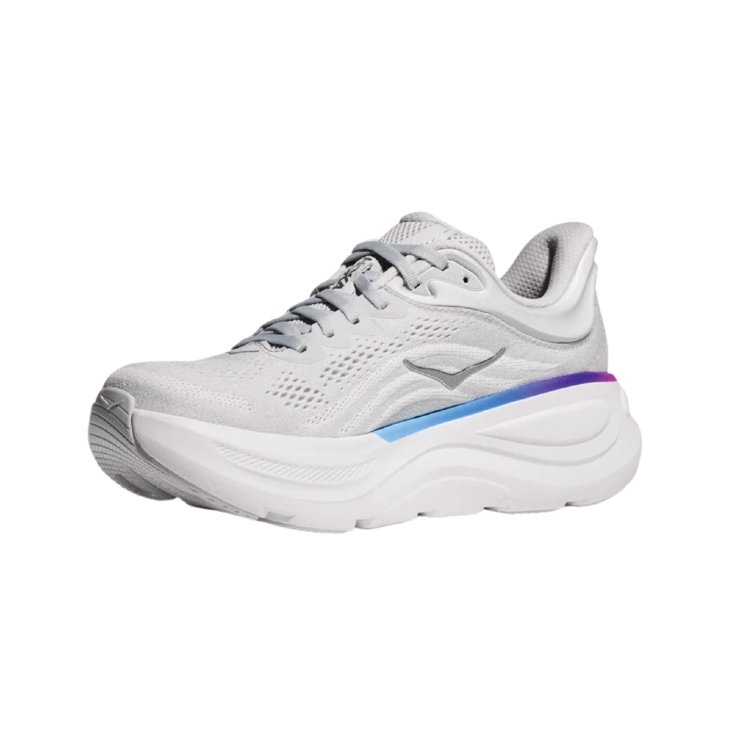 Hoka Bondi 9 running shoe in a white colorway with a purple and blue gradient midsole accent.
