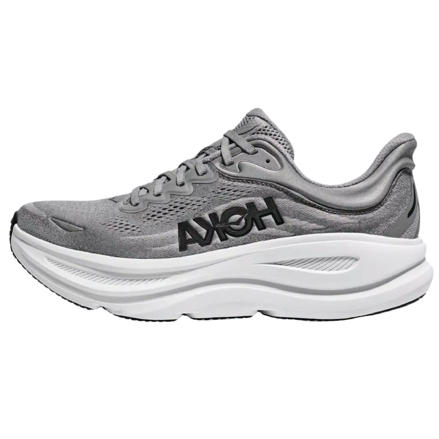 Hoka Bondi 9 running shoe in a grey colourway.