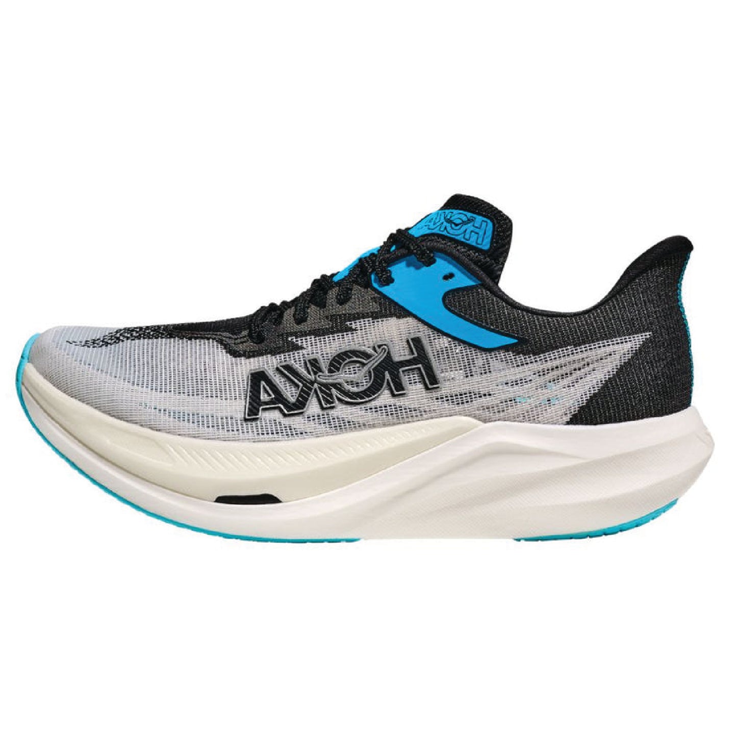 HOKA Rocket X 3 carbon-fiber road racing shoe in the white and black colorway.