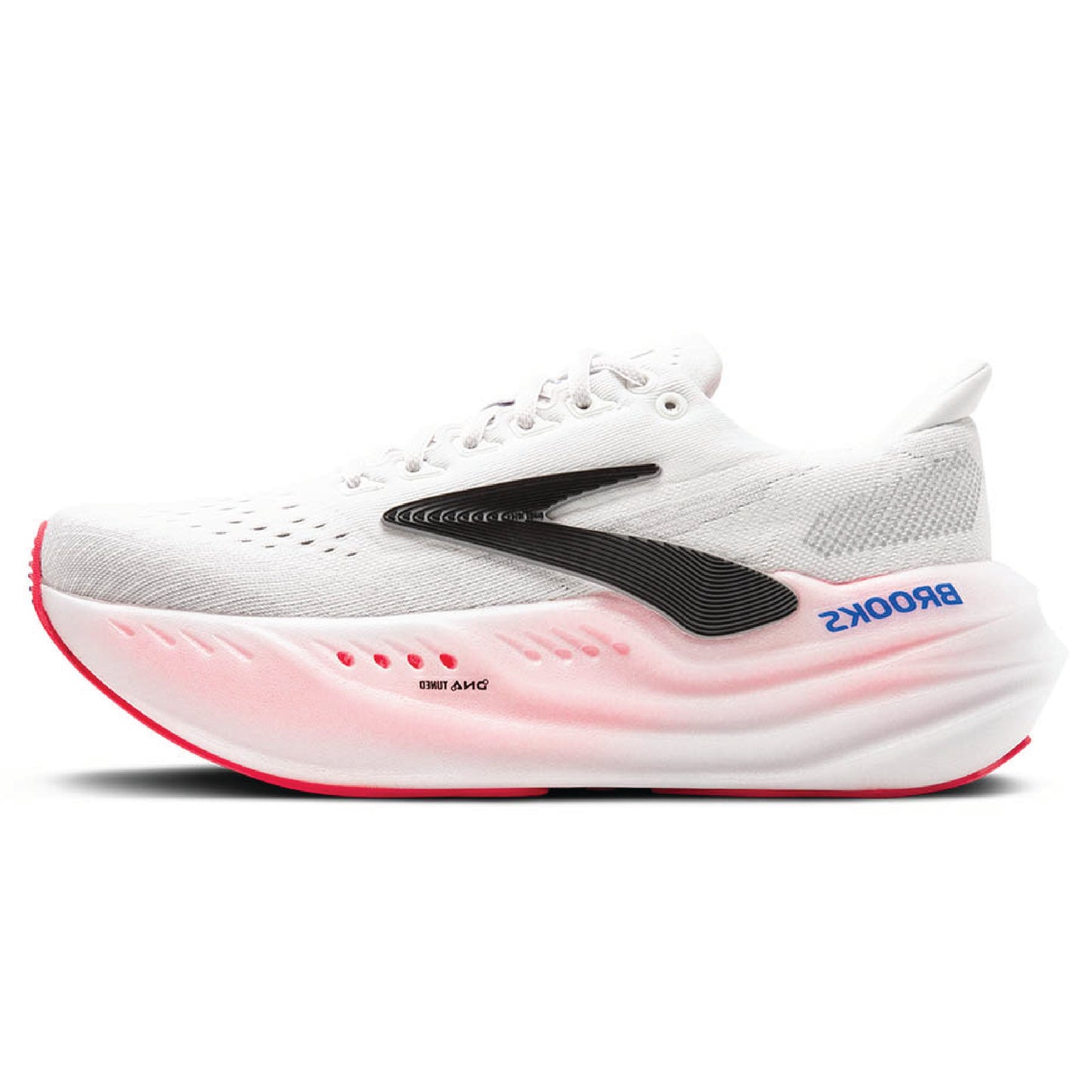 Brooks Glycerin Max neutral running shoe with a white knit upper and a pink and white DNA Tuned midsole.