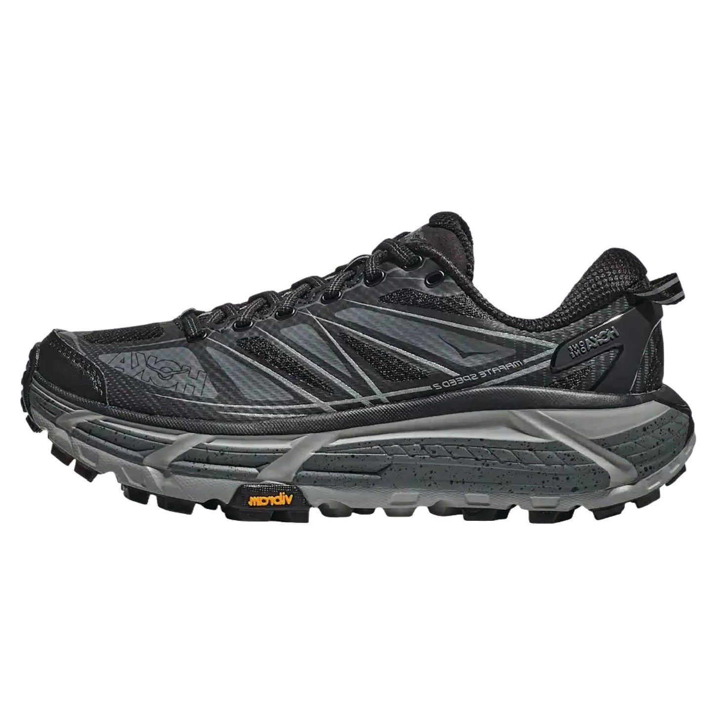 Hoka Mafate Speed 2 running sneaker in black with a Vibram Mega-Grip rubber sole.