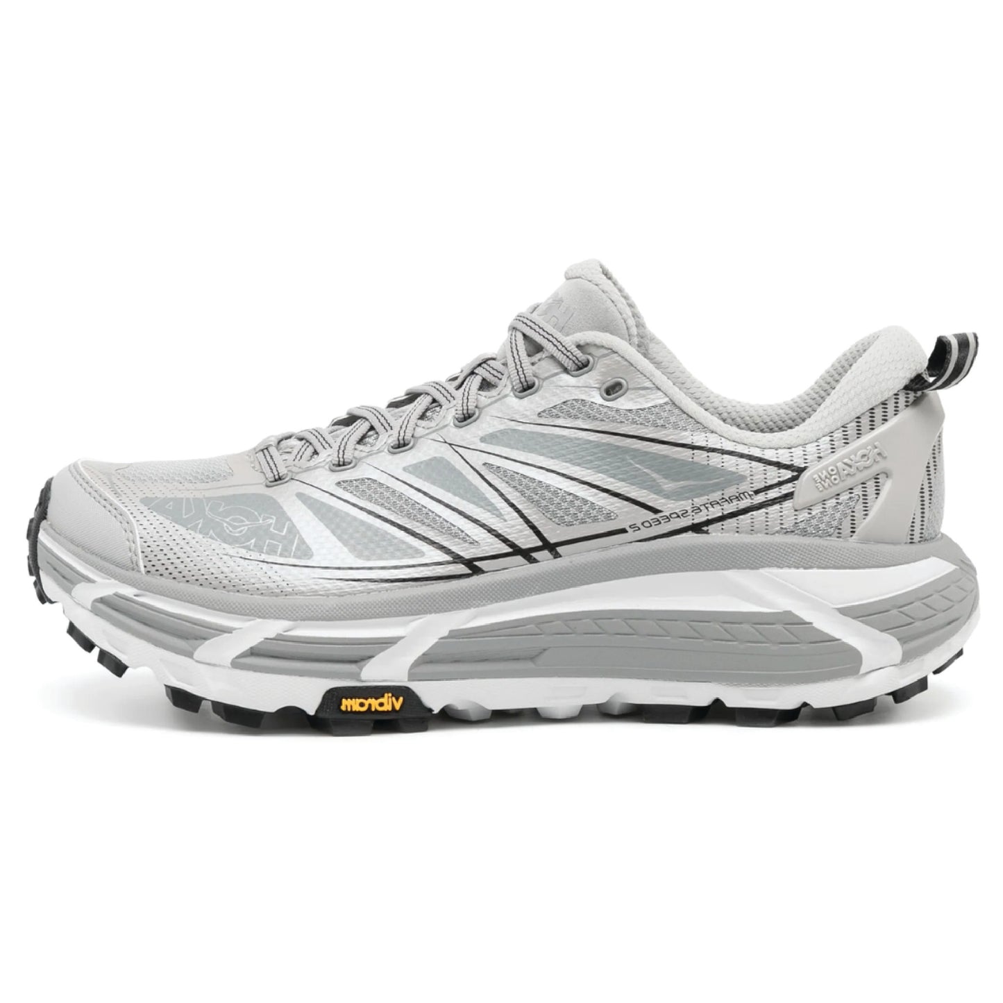 Hoka Mafate Speed 2 running sneaker in the Stellar Grey / Galactic Grey colorway.