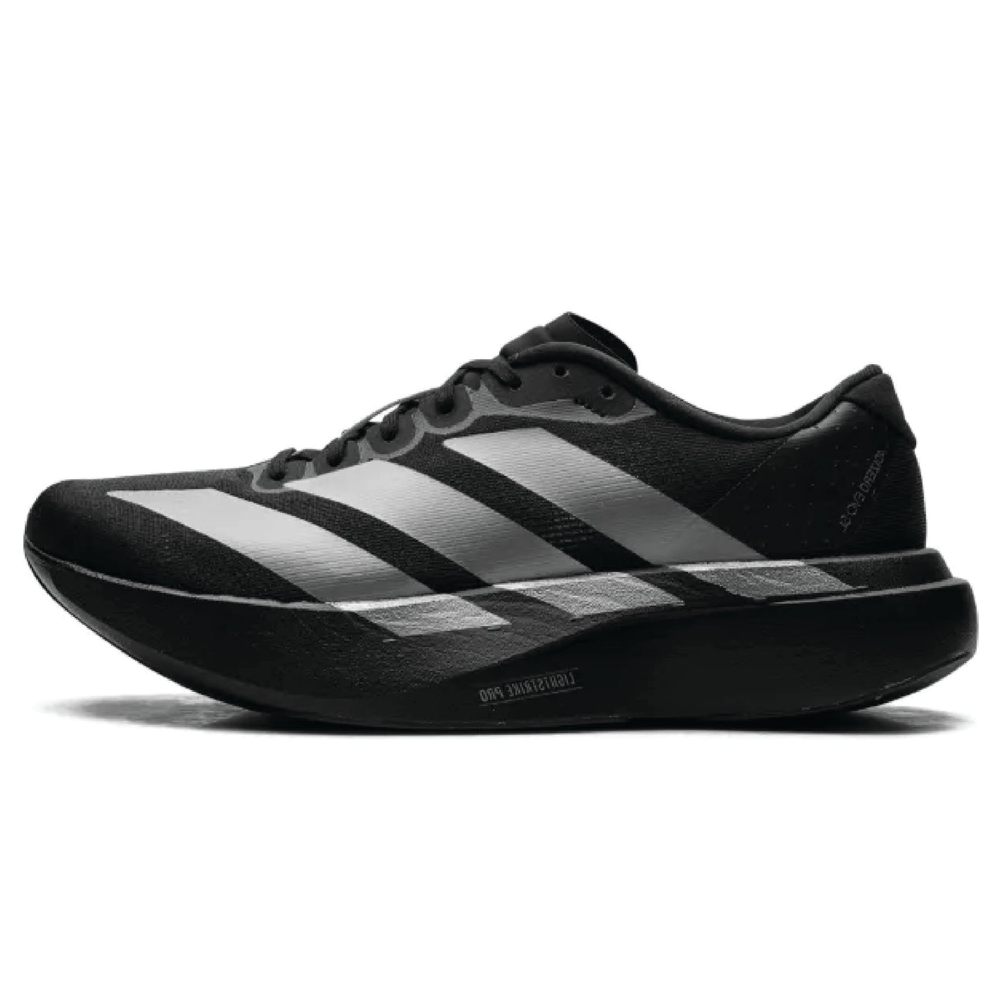 Adidas Adizero EVO SL running shoes black and silver Lightstrike Pro cushioning.