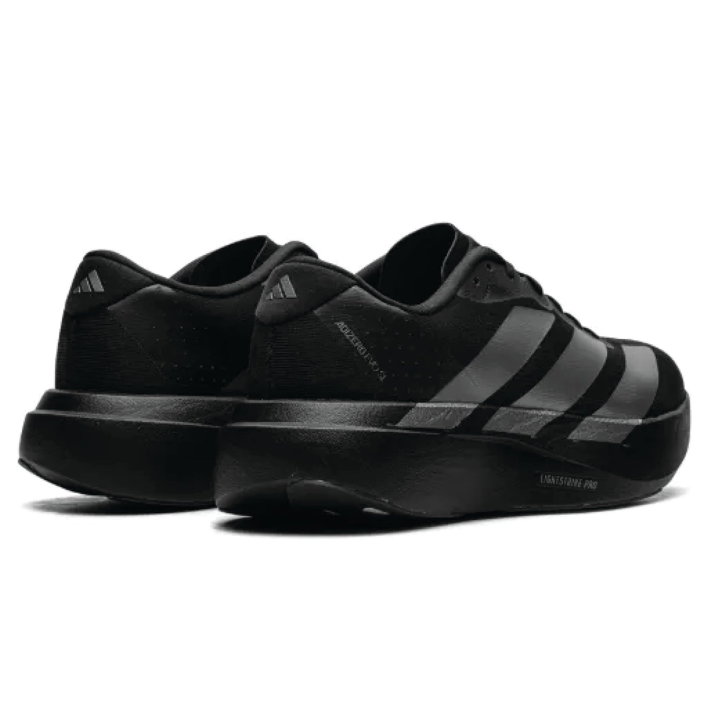 Adidas Adizero EVO SL running shoes black and silver Lightstrike Pro cushioning.