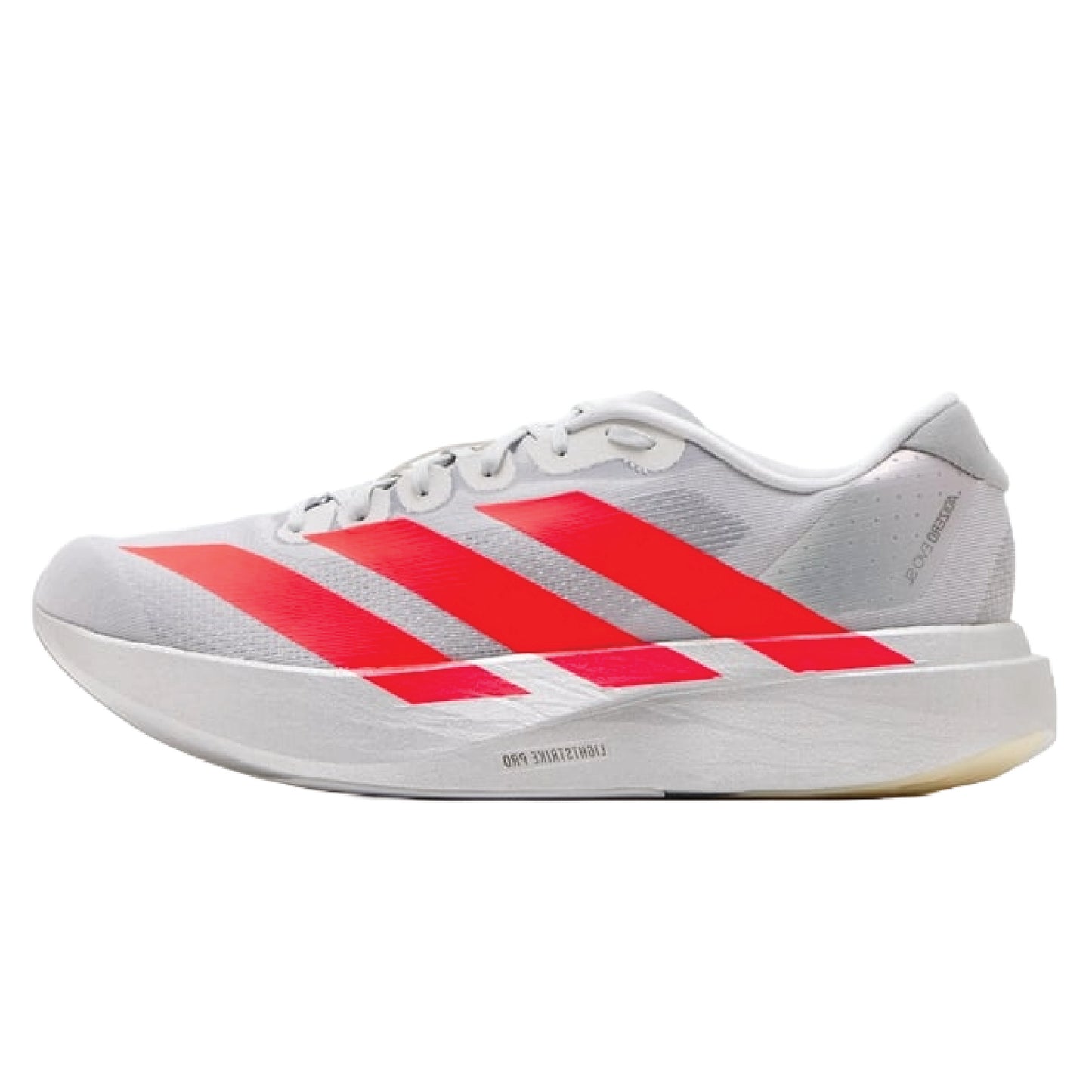 Adidas Adizero EVO SL running shoe in a silver and red colorway.