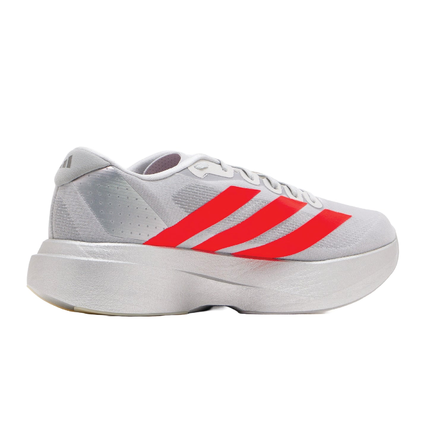 Adidas Adizero EVO SL running shoe in a silver and red colorway.