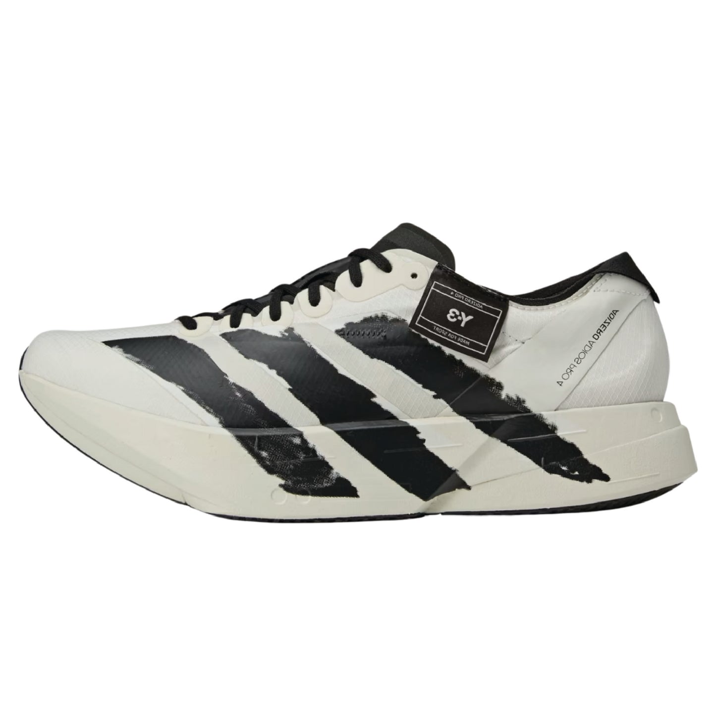 Adizero Adios Pro 4 high-performance running shoe in black and white.