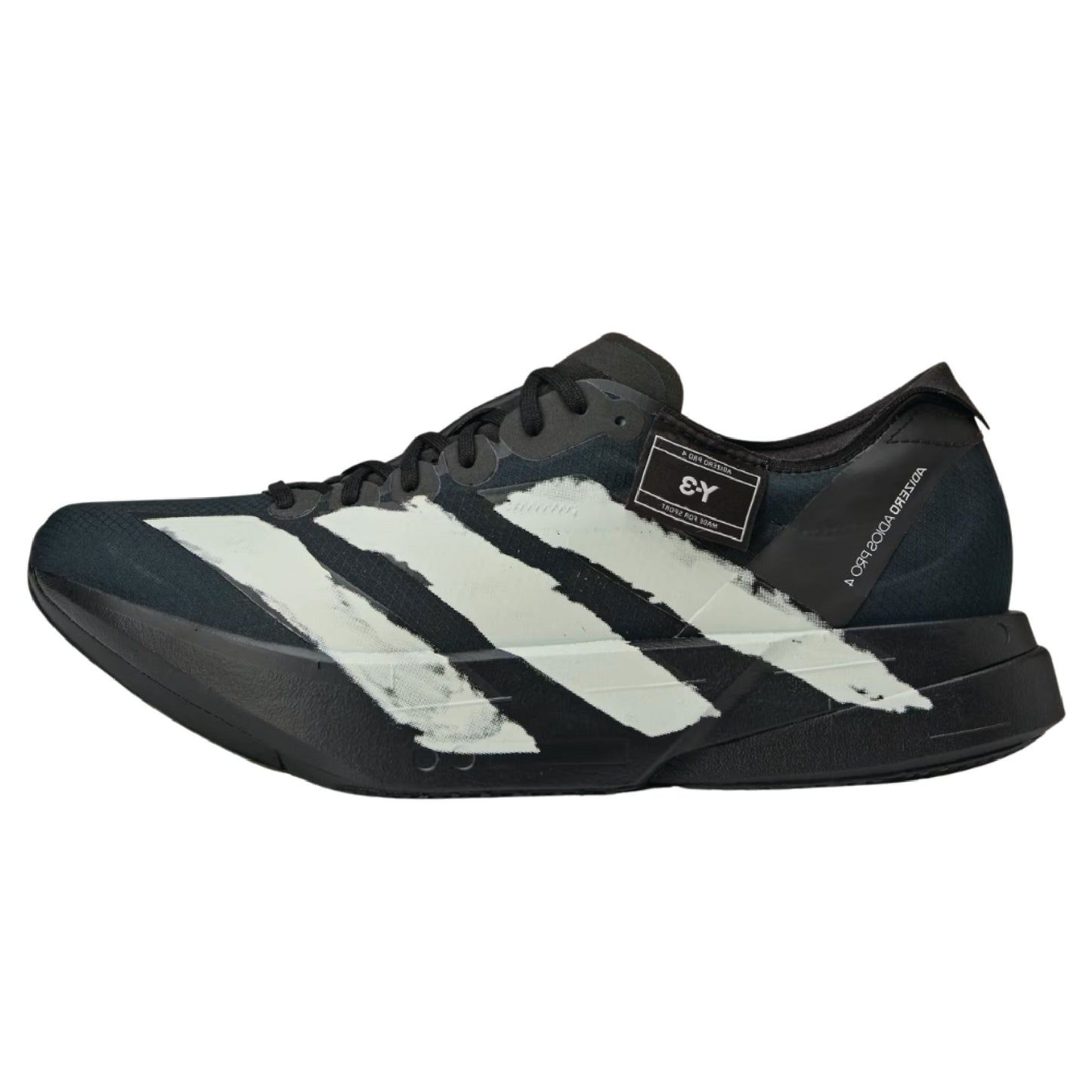 Adidas Y-3 Adizero Adios Pro 4 running shoe in a black and off-white colorway.