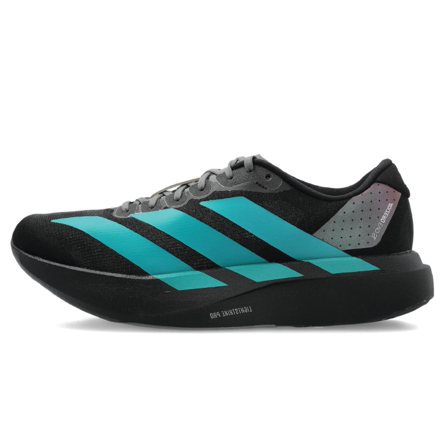 Adidas Adizero EVO SL running shoe in a black colorway with teal stripes.