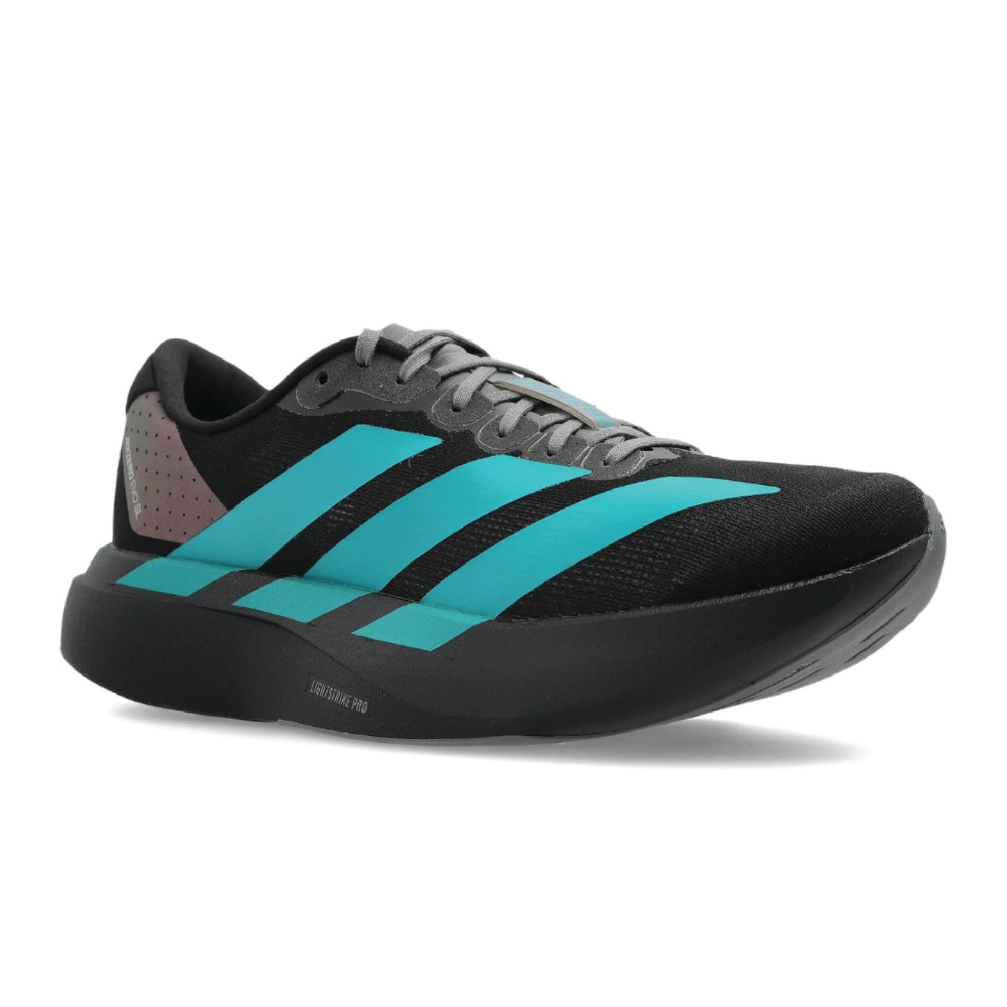 Adidas Adizero EVO SL running shoe in a black colorway with teal stripes.