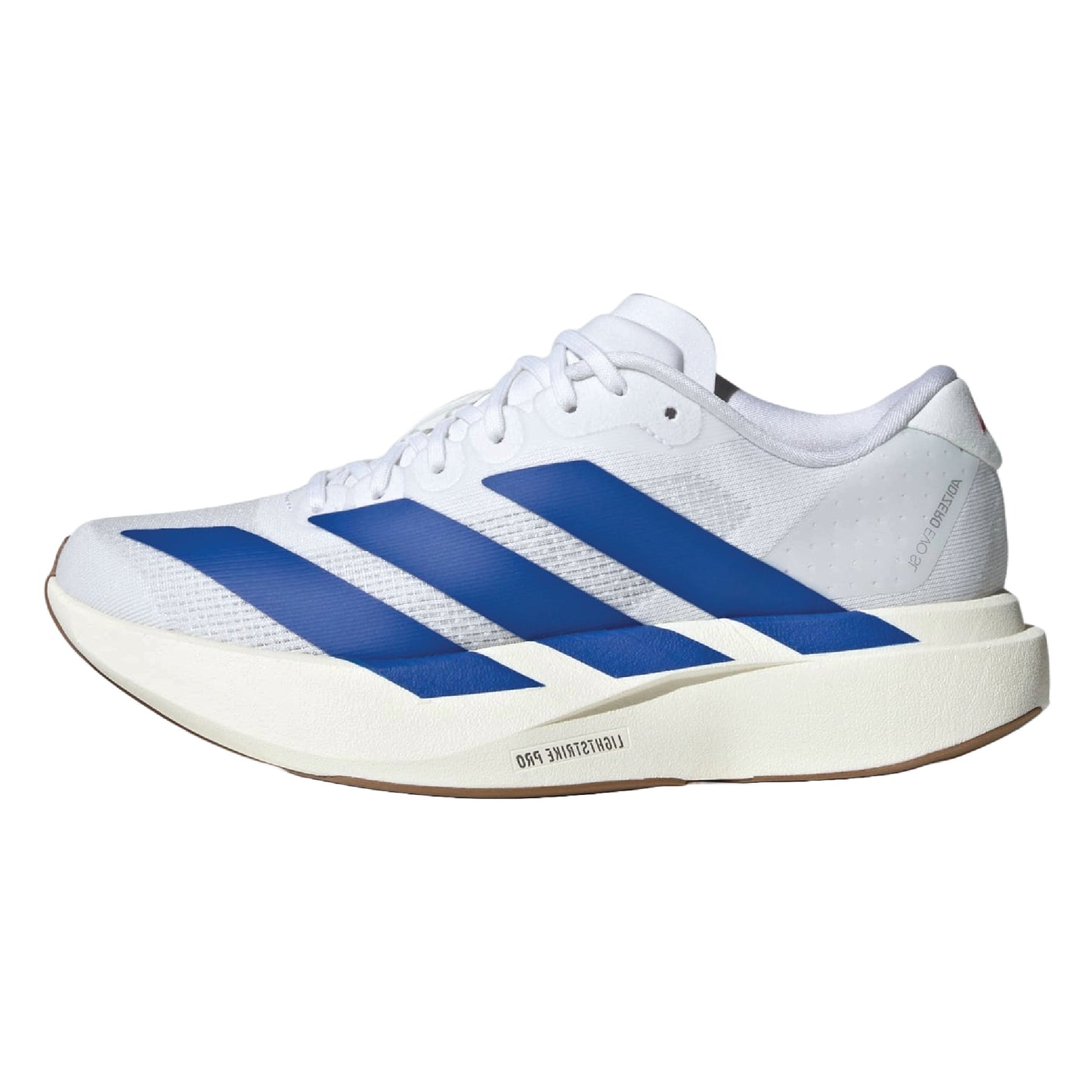 Adidas Adizero Evo SL running shoe in the Cloud White / Royal Blue colorway