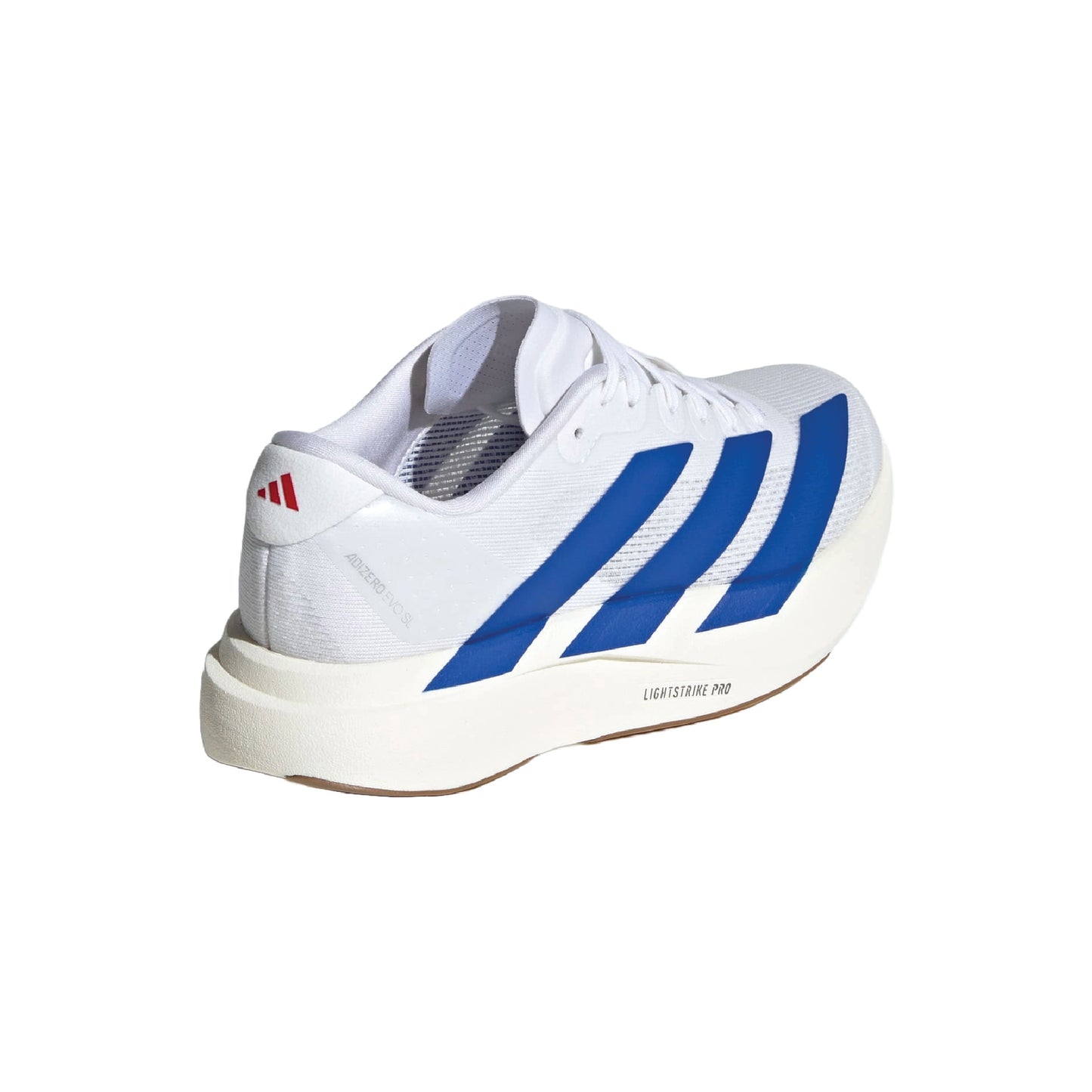 Adidas Adizero Evo SL running shoe in the Cloud White / Royal Blue colorway