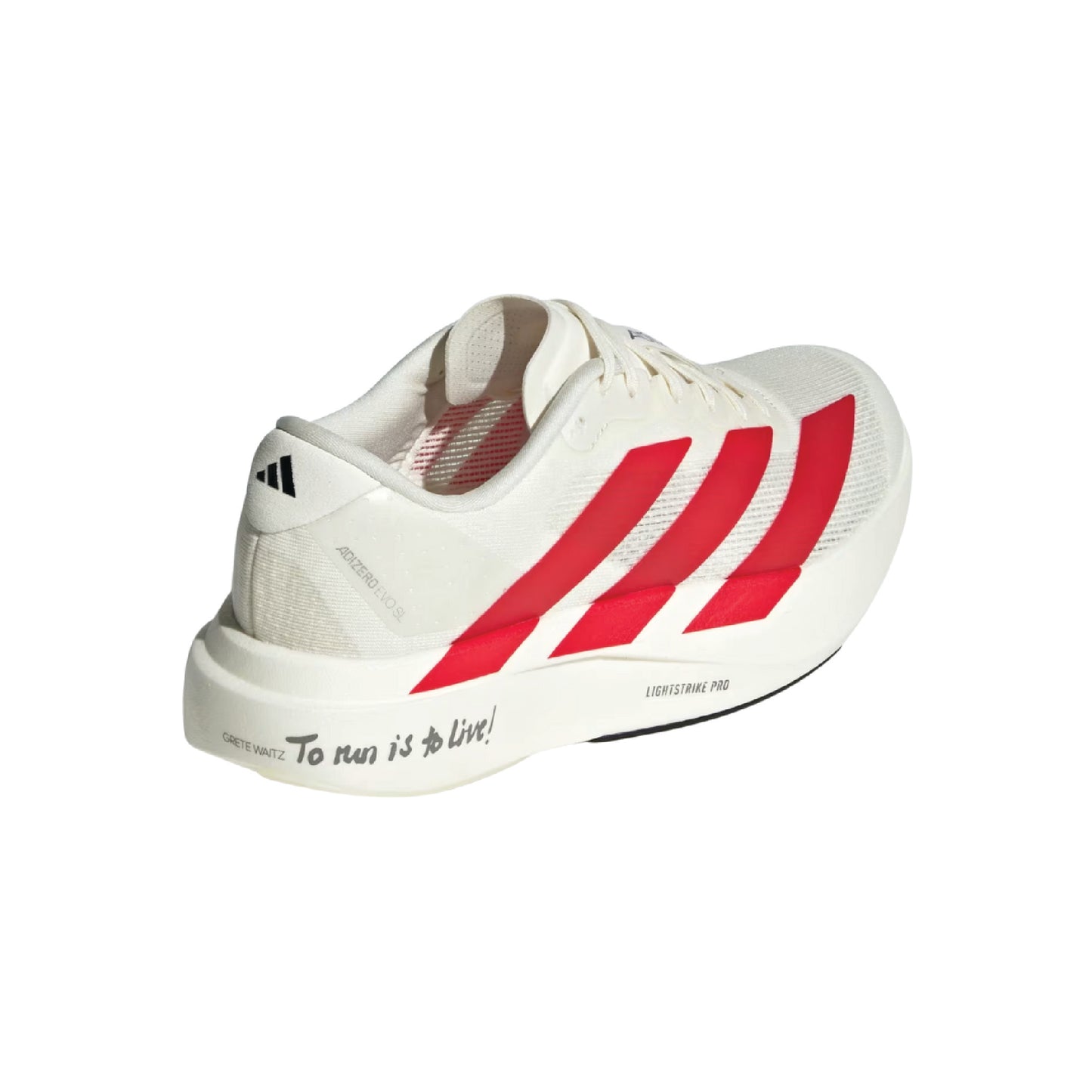 Adidas Adizero EVO SL running shoe in the 'Footwear White/Team Victory Red' colorway.