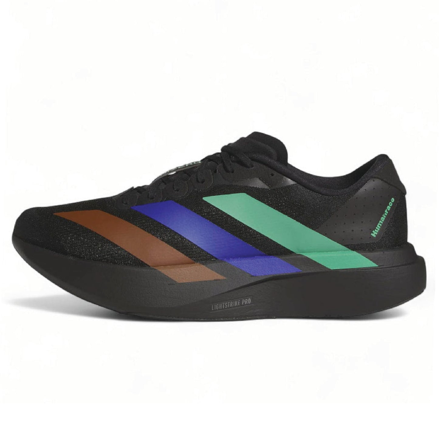 Adidas Adizero Evo SL Humanrace running shoe in a black colorway with green, blue, and brown accents.