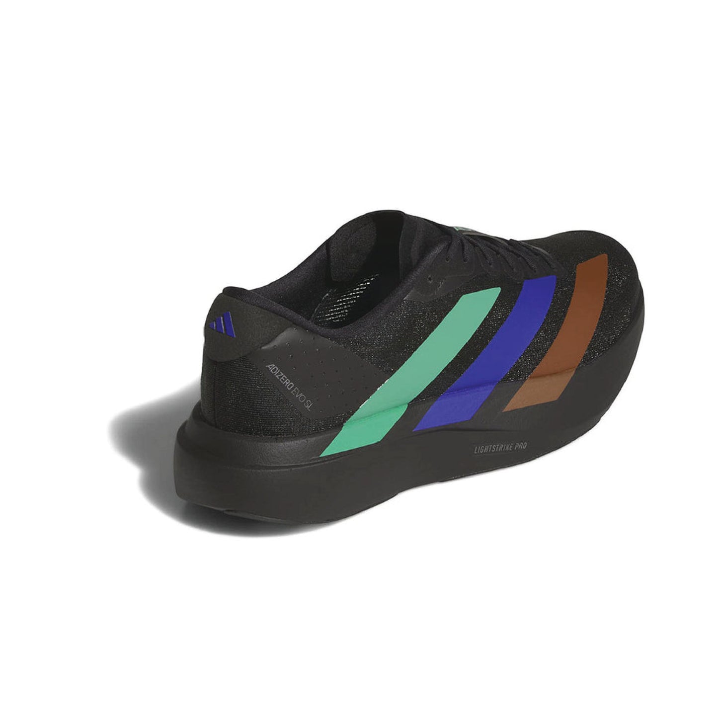 Adidas Adizero Evo SL Humanrace running shoe in a black colorway with green, blue, and brown accents.