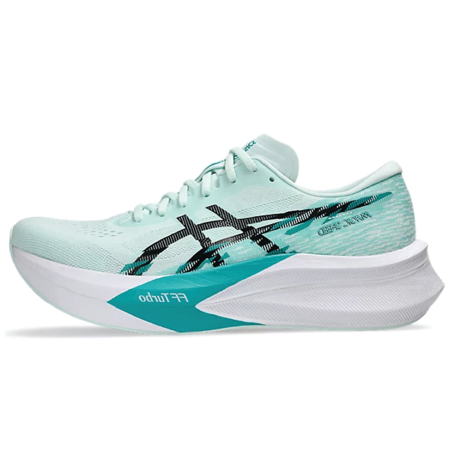 Asics Magic Speed 4 running shoe in a soothing sea/black colorway.