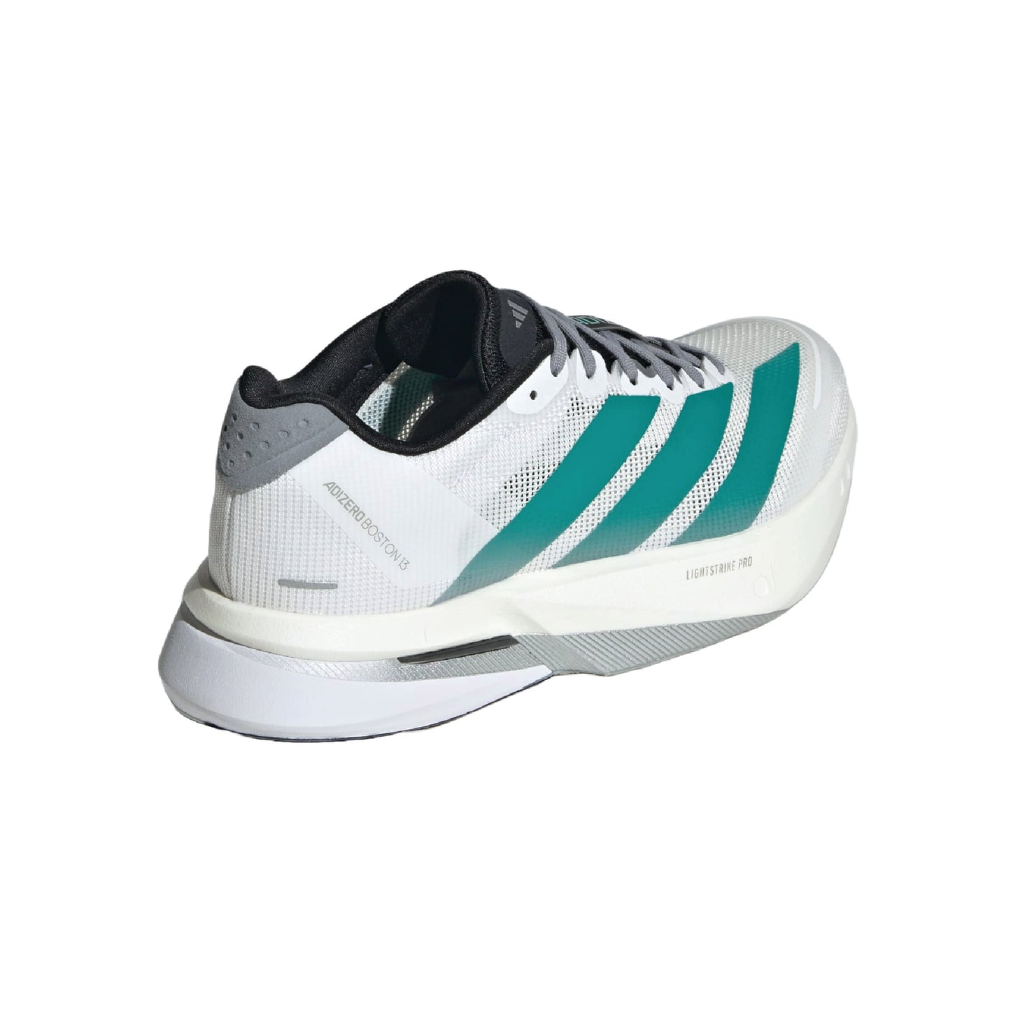 Adidas Adizero Boston 13 running shoe in a white and teal colorway.