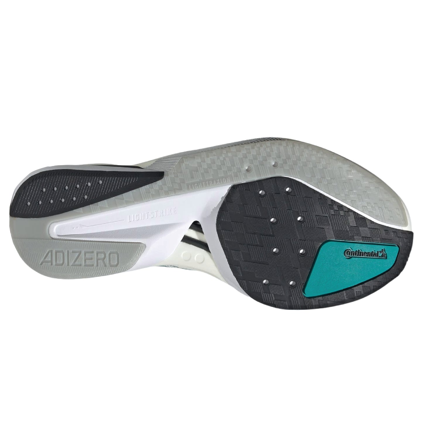 Adidas Adizero Boston 13 running shoe in a white and teal colorway.