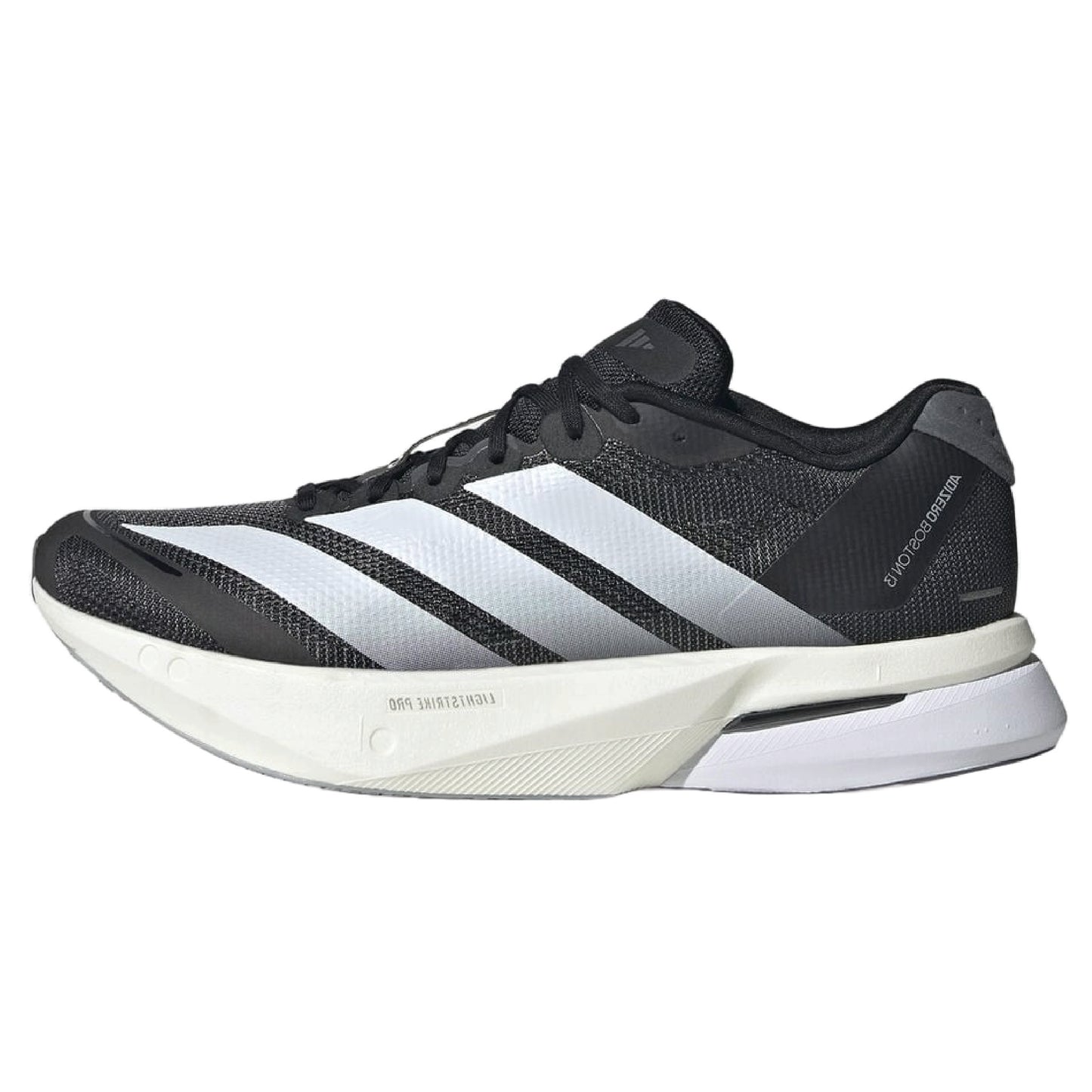 Adidas Adizero Boston 13 running shoe in a Core Black/Cloud White/Grey Five colorway.