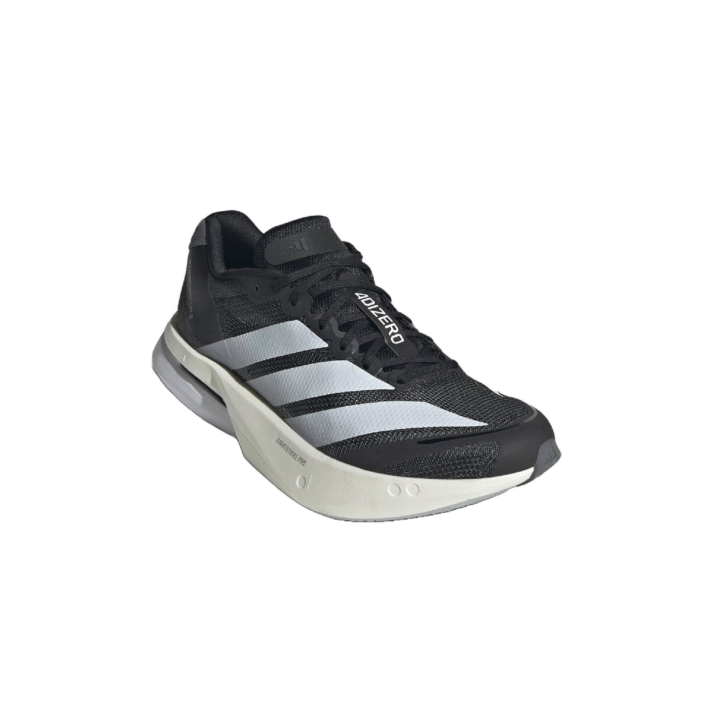 Adidas Adizero Boston 13 running shoe in a Core Black/Cloud White/Grey Five colorway.