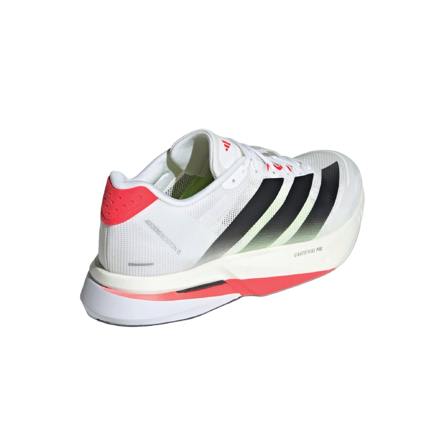 Adidas Adizero Boston 13 running shoes in a white, black, and lucid red colorway.