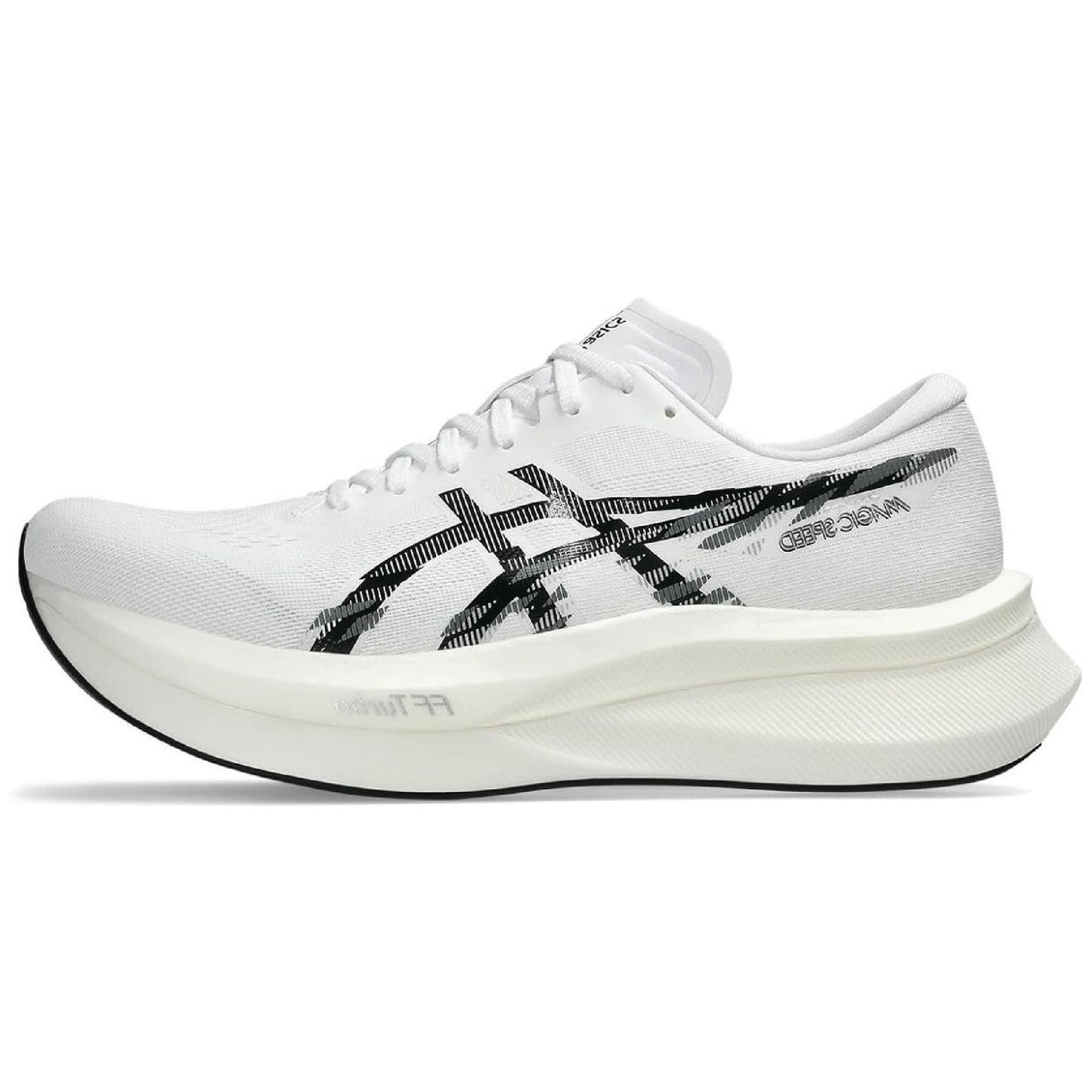 ASICS Magic Speed 4 running shoe in a white and black colorway.
