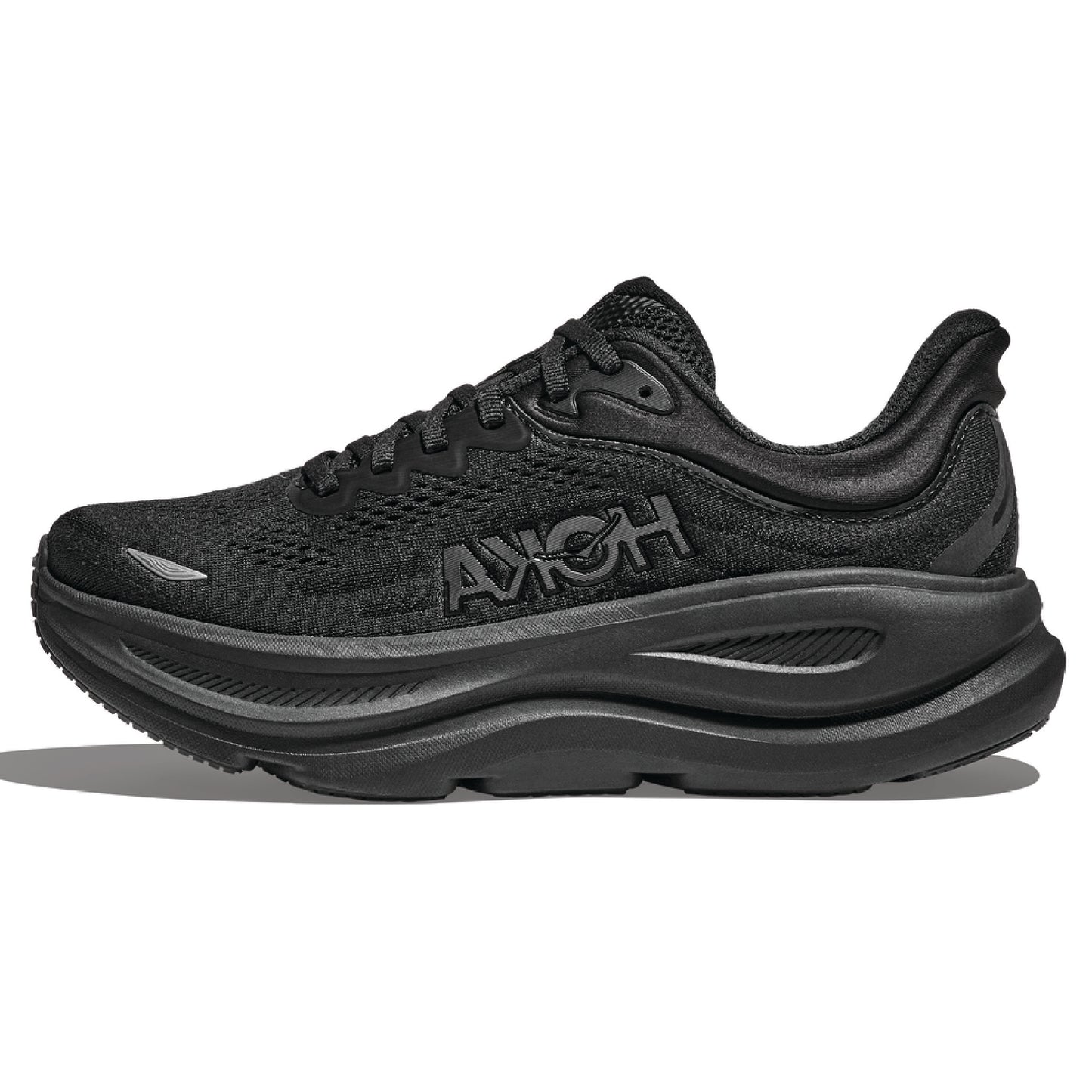 Hoka Bondi 9 running shoes in a black/black colorway.
