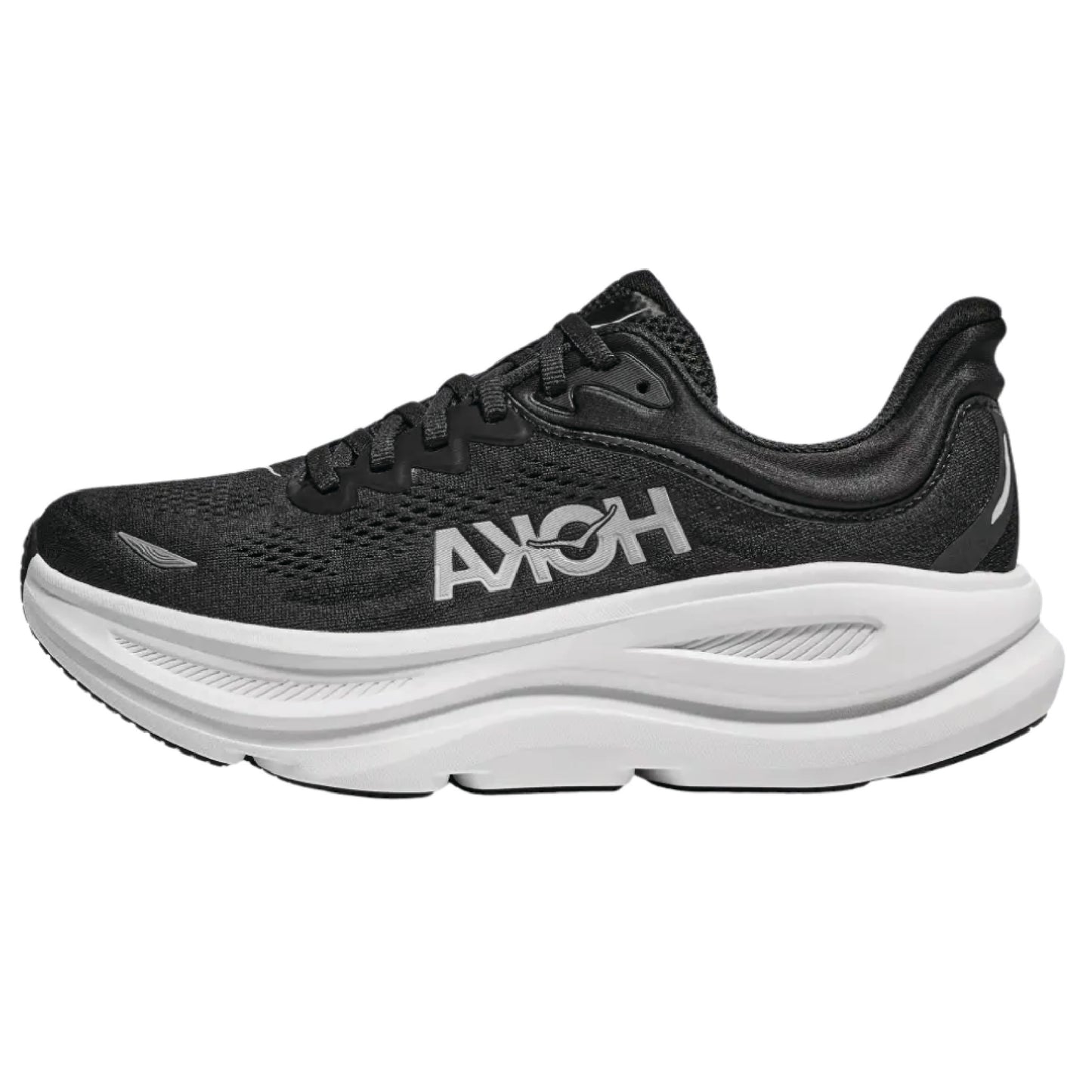Hoka Bondi 9 running shoes in black and white.