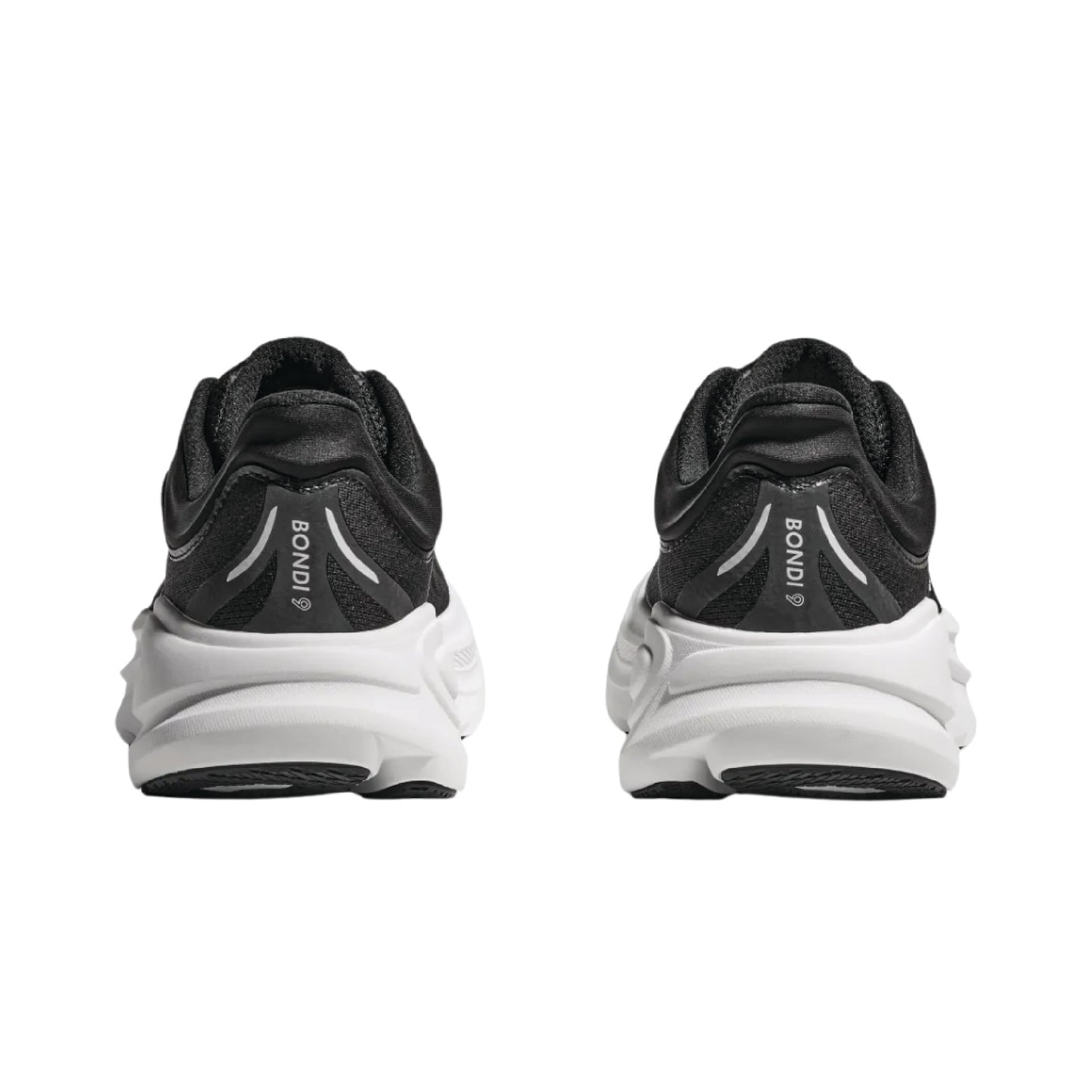 Hoka Bondi 9 running shoes in black and white.