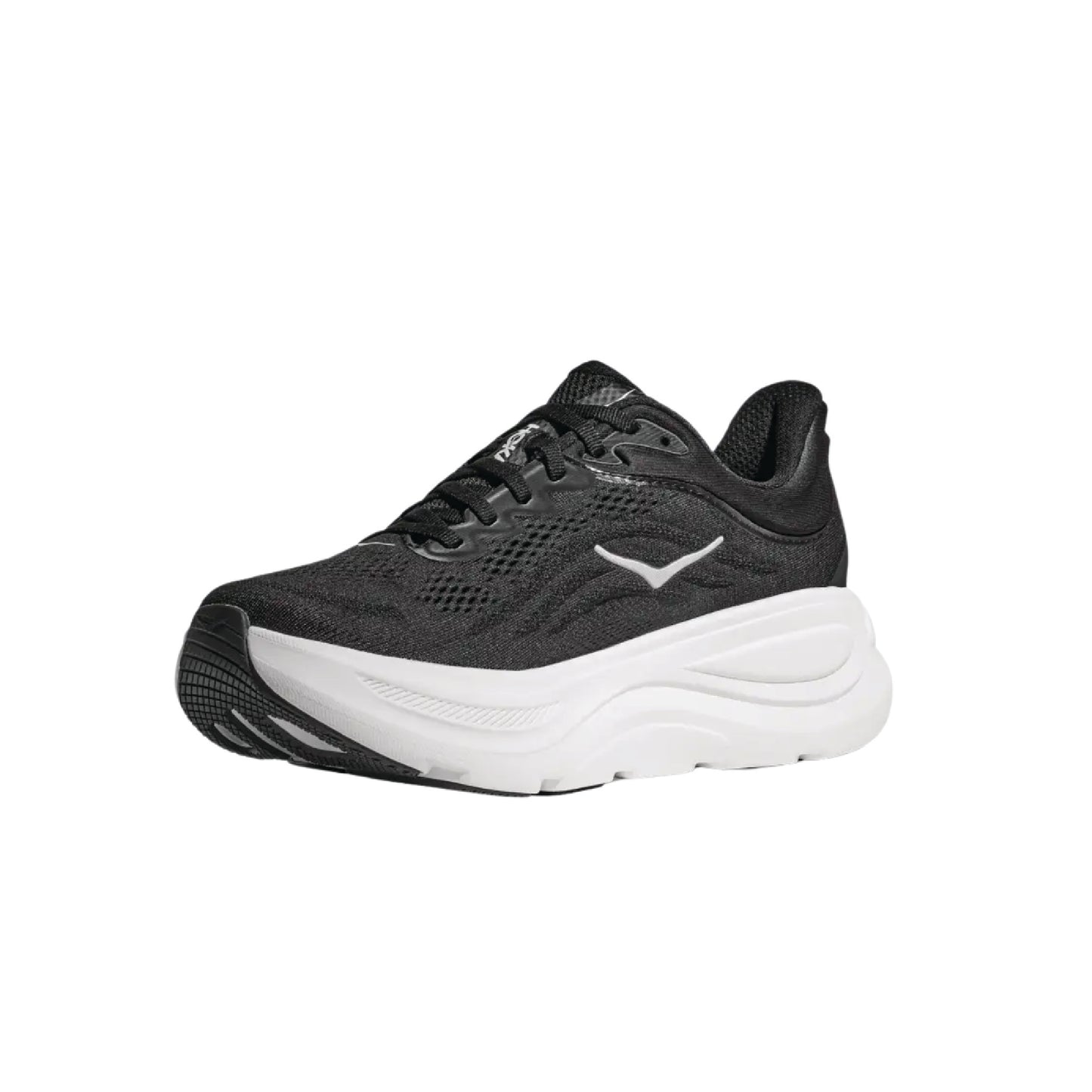 Hoka Bondi 9 running shoes in black and white.