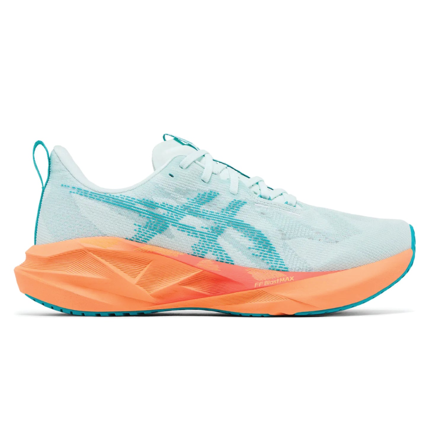 Asics Novablast 5 running shoe in the Soothing Sea/Wave Teal and orange colorway.