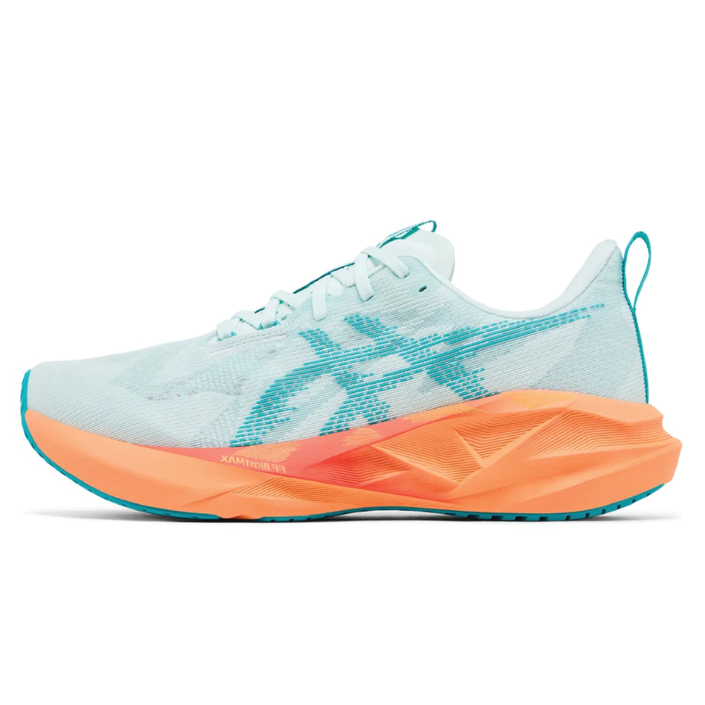 Asics Novablast 5 running shoe in the Soothing Sea/Wave Teal and orange colorway.