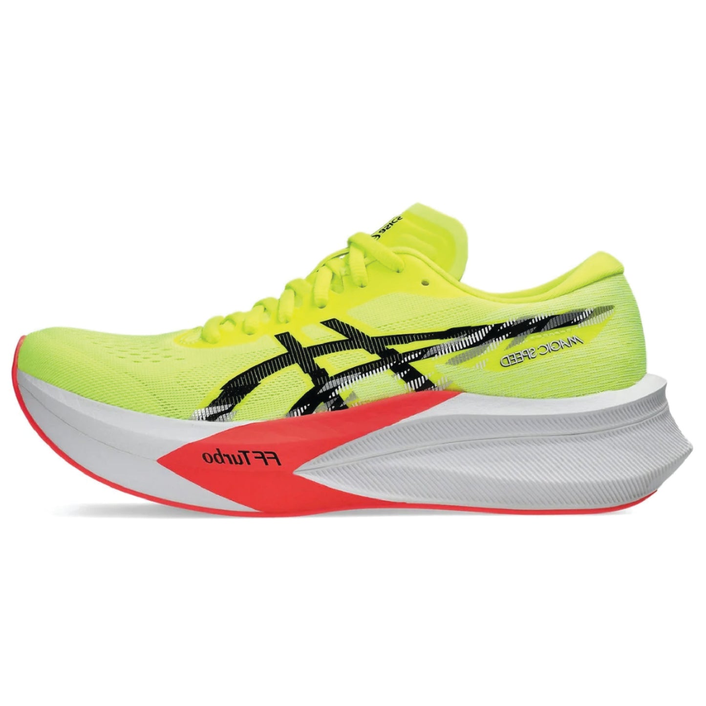 ASICS Magic Speed 4 running shoe in a safety yellow colorway.