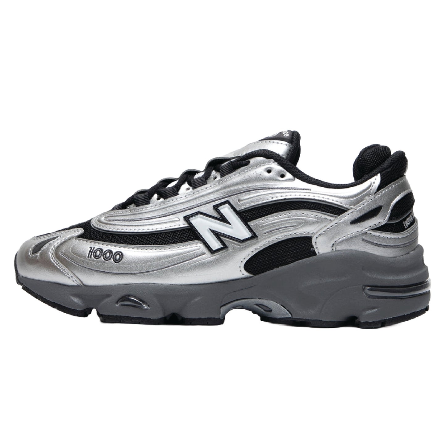 New Balance 1000 sneaker in a silver metallic and black colorway.