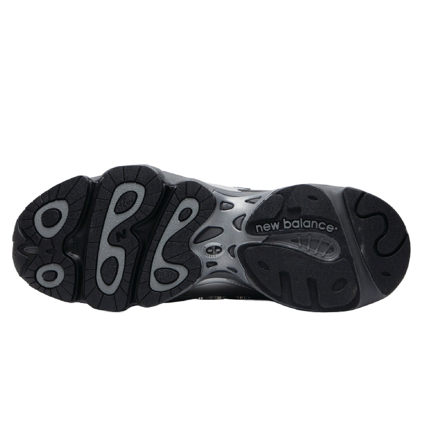 New Balance 1000 sneaker in a silver metallic and black colorway.