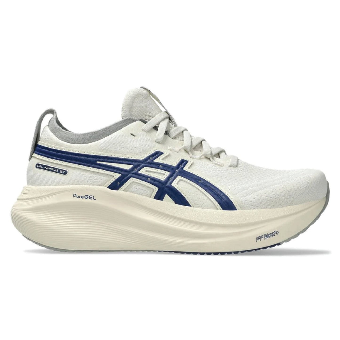 Asics Gel-Nimbus 27 running shoe in the Birch/Indigo Blue colorway.