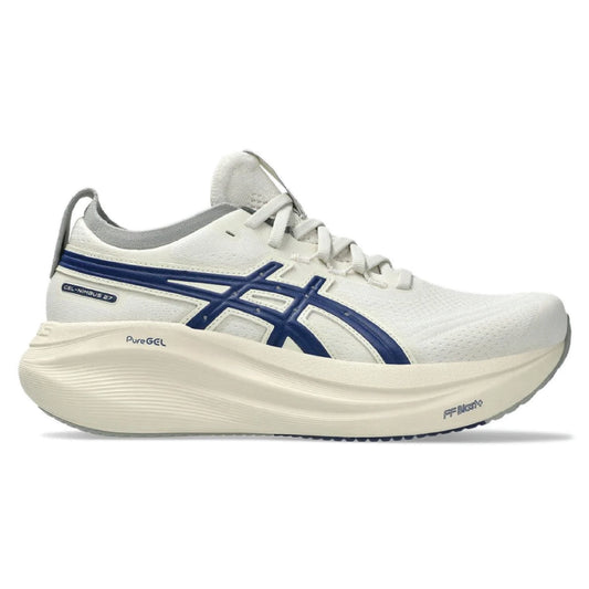 Asics Gel-Nimbus 27 running shoe in the Birch/Indigo Blue colorway.