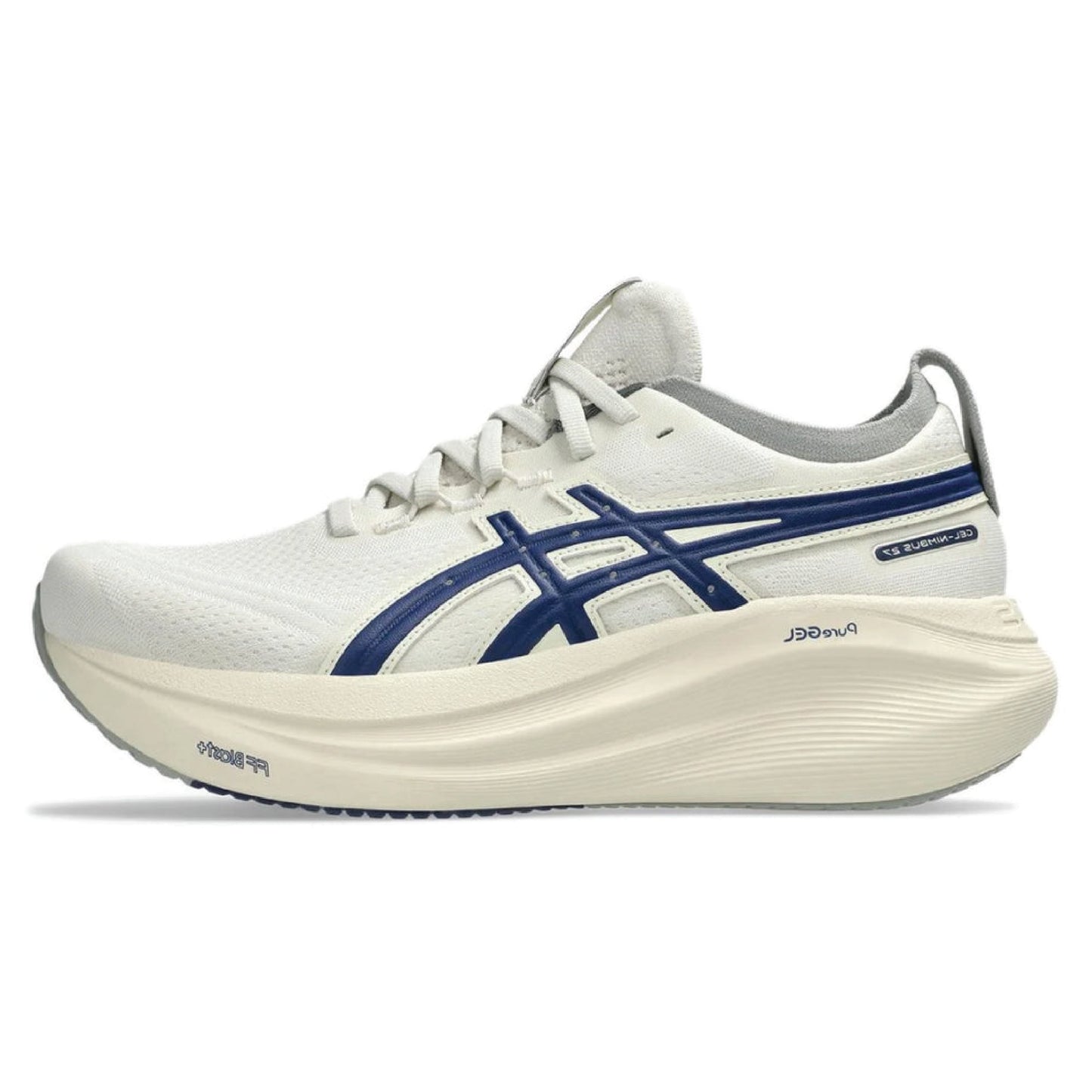 Asics Gel-Nimbus 27 running shoe in the Birch/Indigo Blue colorway.