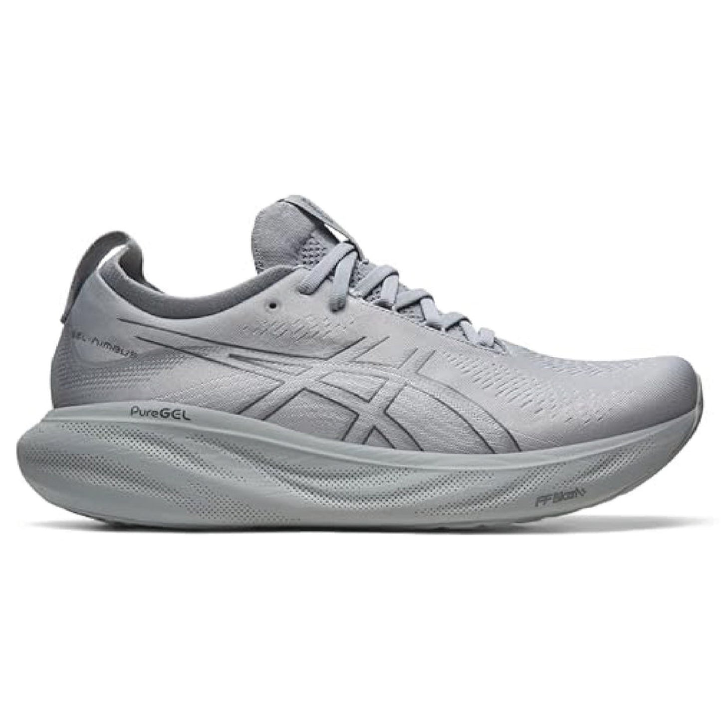 Asics Gel-Nimbus 25 running shoe in a light grey color.