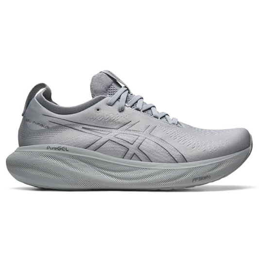 Asics Gel-Nimbus 25 running shoe in a light grey color.