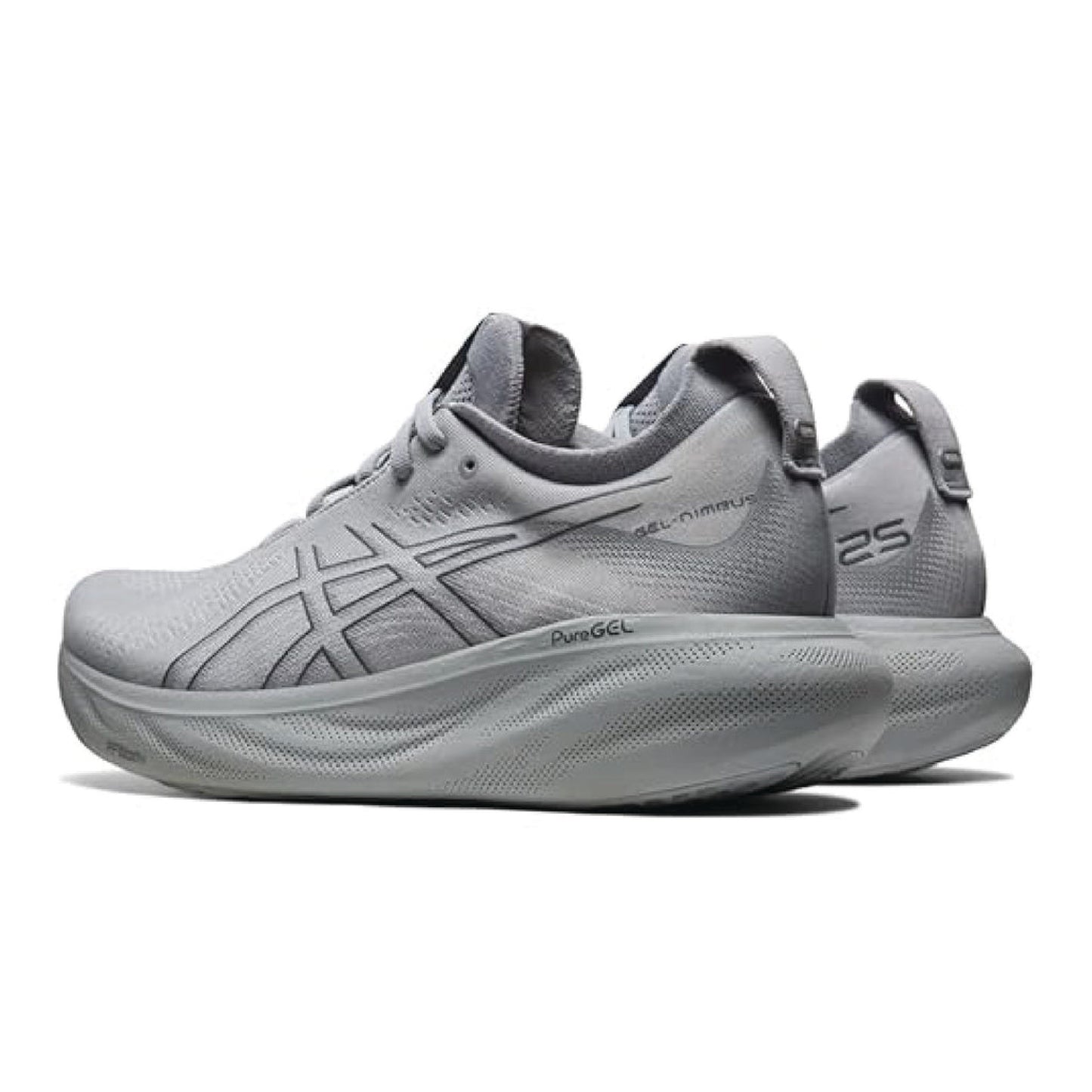 Asics Gel-Nimbus 25 running shoe in a light grey color.